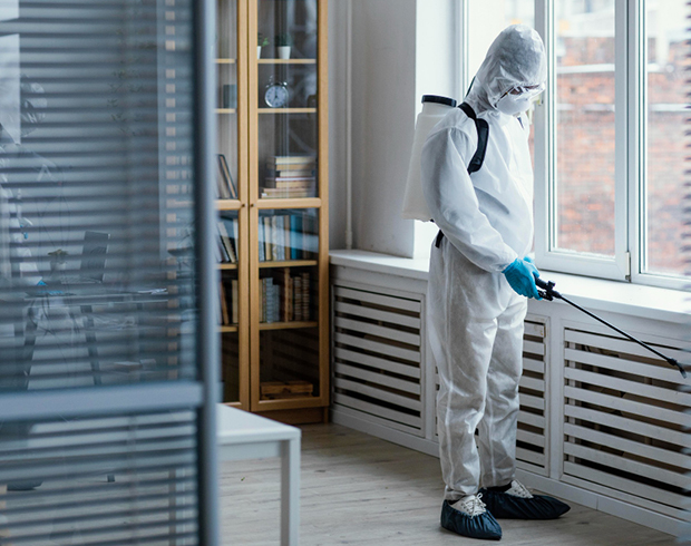 Pest control tech in hazard suit by Burnside spraying NC commercial and residential sites